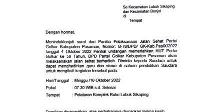 Surat undangan dari Kepala Dinas Pendidikan Kabupaten Pasaman, Sukardi kepada para Kepala SD dan SMP untuk menghadiri undangan Partai Golar.