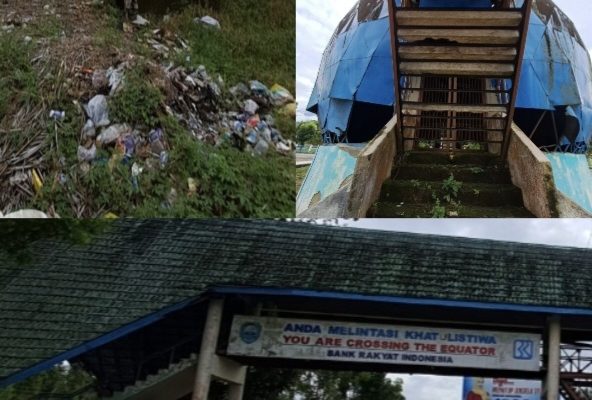 Kawasan Wisata Equator Bonjol rusak berlumut, berumput, dan bersampah, Kamis (9/11/23).