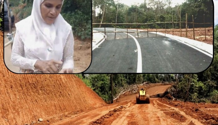 Kolase foto Ibu Jusnaini dan kondisi tanah milik Jusnaini saat proses pembangunan jalan, serta foto jalan dipagar oleh Jusnaini setelah pekerjaan selesai, Semin (22/1/2024).