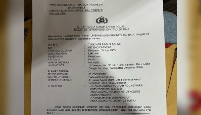 Laporan Polisi Nomor LP/B/109/II/2024/SPKT/POLDA BALI per 3 Februari 2024. Sumber: Deliknews.com.