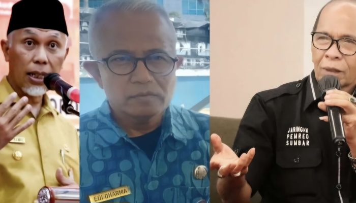 Kolase foto Gubernur Sumbar, Mahyeldi, Kabiro Umum Setda Sumbar, Edi Dharma, dan Anggota DPRD Sumbar, HM Nurnas.