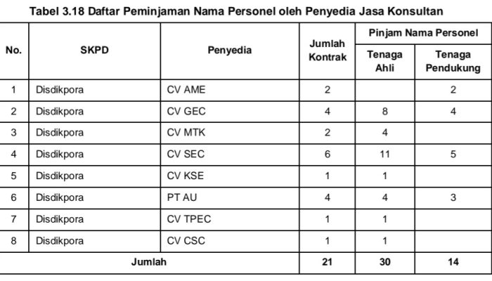 Daftar Peminjaman Nama Personel oleh Penyedia Jasa Konsultan (dok. LHP BPK)