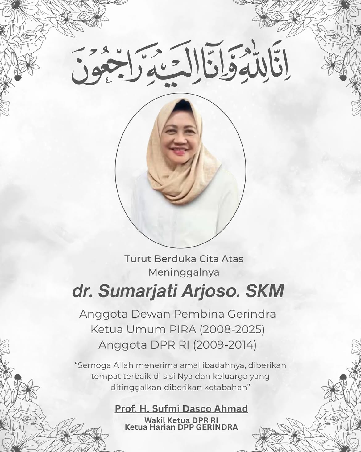 Kabar Duka: Anggota Dewan Pembina Gerindra dr Sumarjati Arjoso Meninggal Dunia