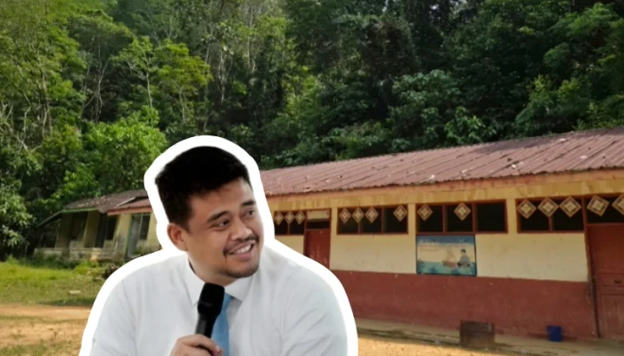 Kolase foto Gubernur Sumatera Utara, Bobby Nasution, dan kondisi SDN 242 Ranjo Batu