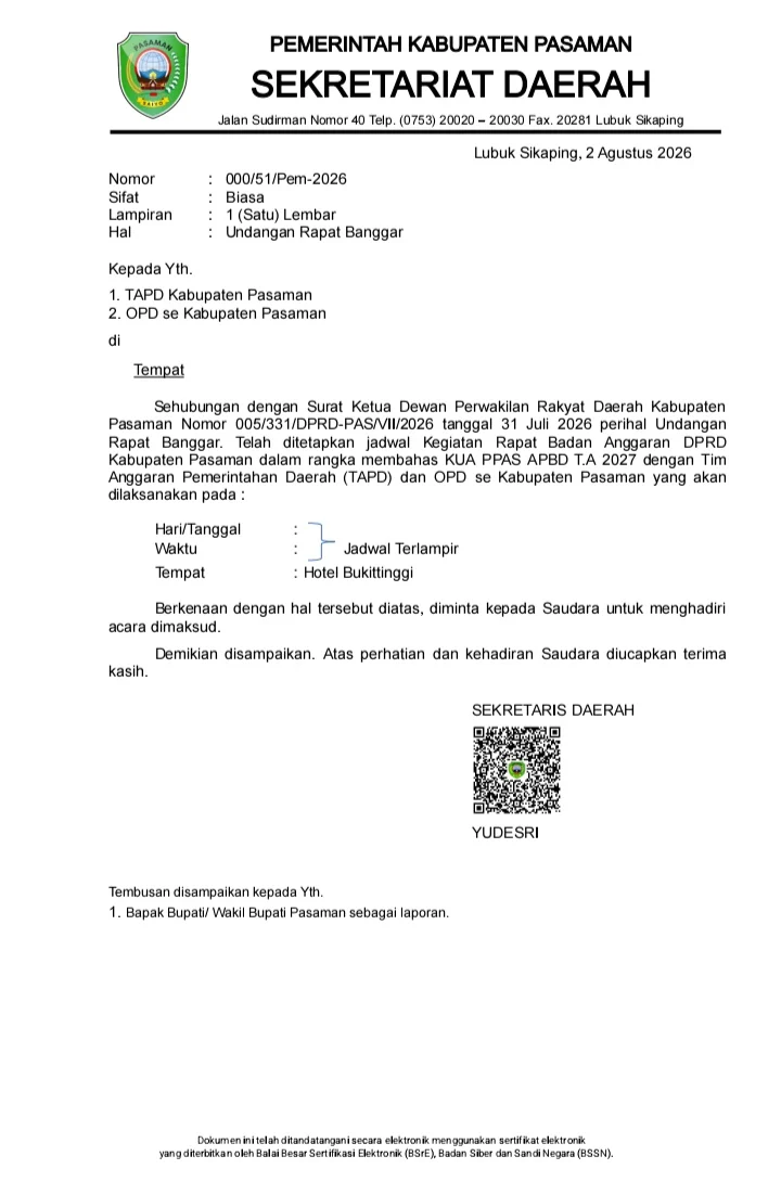 Undangan Rapat Banggar dari Sekda Pasaman kepada TAPD dan OPD se Kabupaten Pasaman dalam rangka membahas KUA PPAS APBD Tahun Anggaran 2027 dengan Tim Anggaran Pemerintahan Daerah (TAPD) dan OPD se Kabupaten Pasaman.
