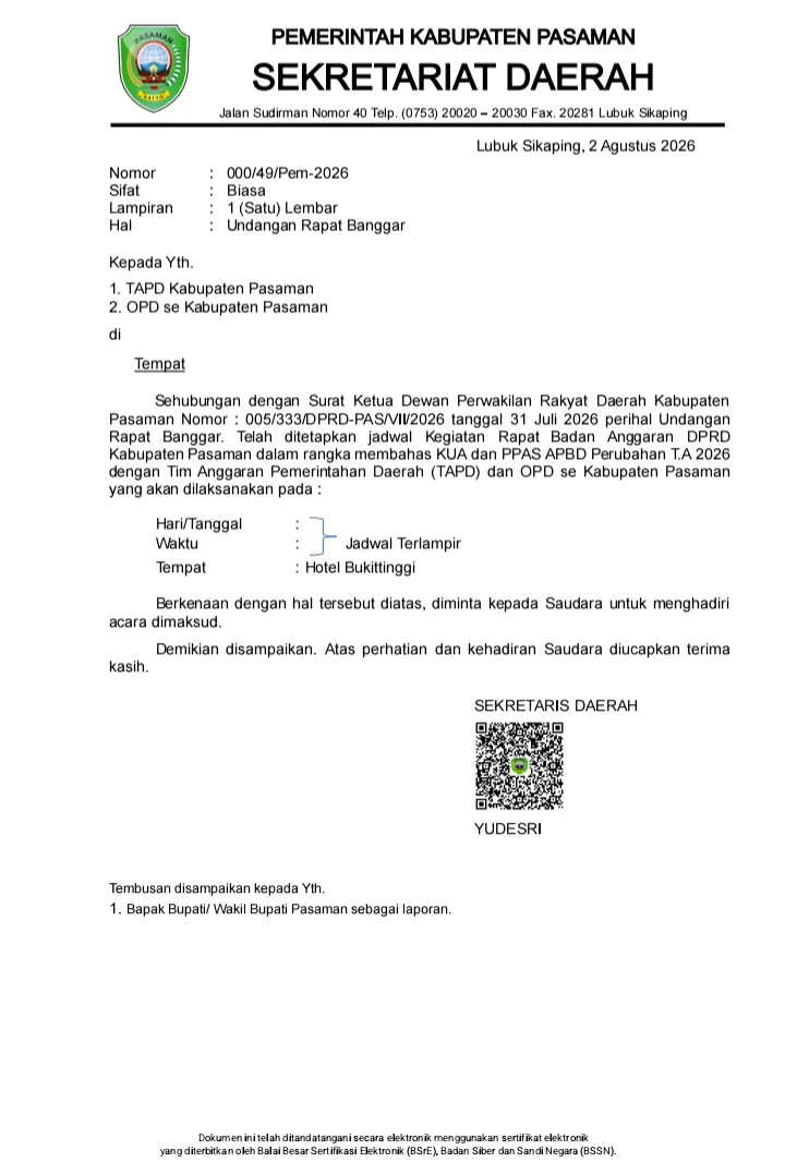 Undangan Rapat Banggar dari Sekda Pasaman kepada TAPD dan OPD se Kabupaten Pasaman dalam rangka membahas KUA dan PPAS APBD Perubahan T.A 2026 dengan Tim Anggaran Pemerintahan Daerah (TAPD) dan OPD se Kabupaten Pasaman.